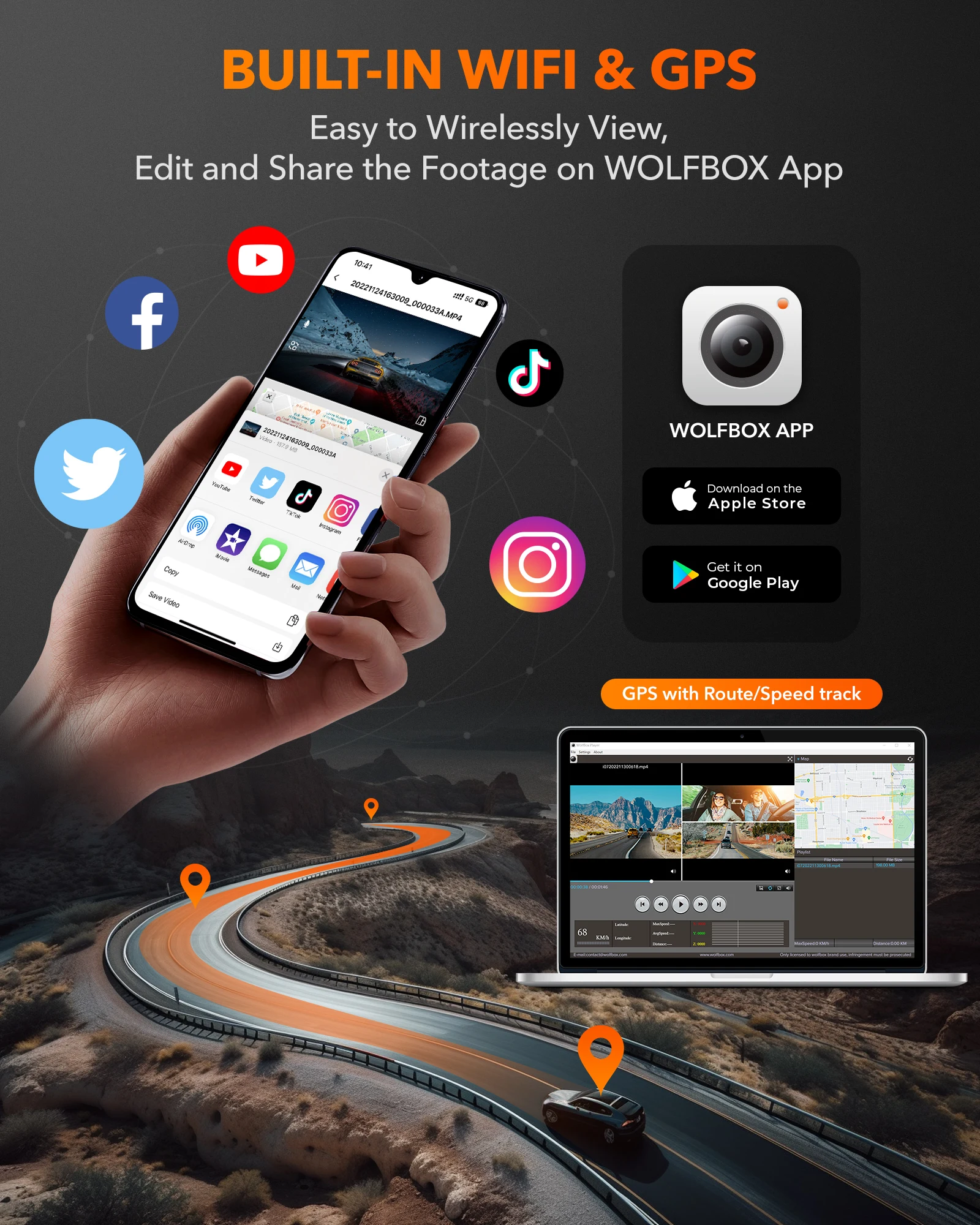 WOLFBOX I07 Dash Cam 3 Channel Dash Camera for Car Front and Rear 4K Dash Camera with GPS WiFi Car Dvr for 170 FOV WDR - Image 12