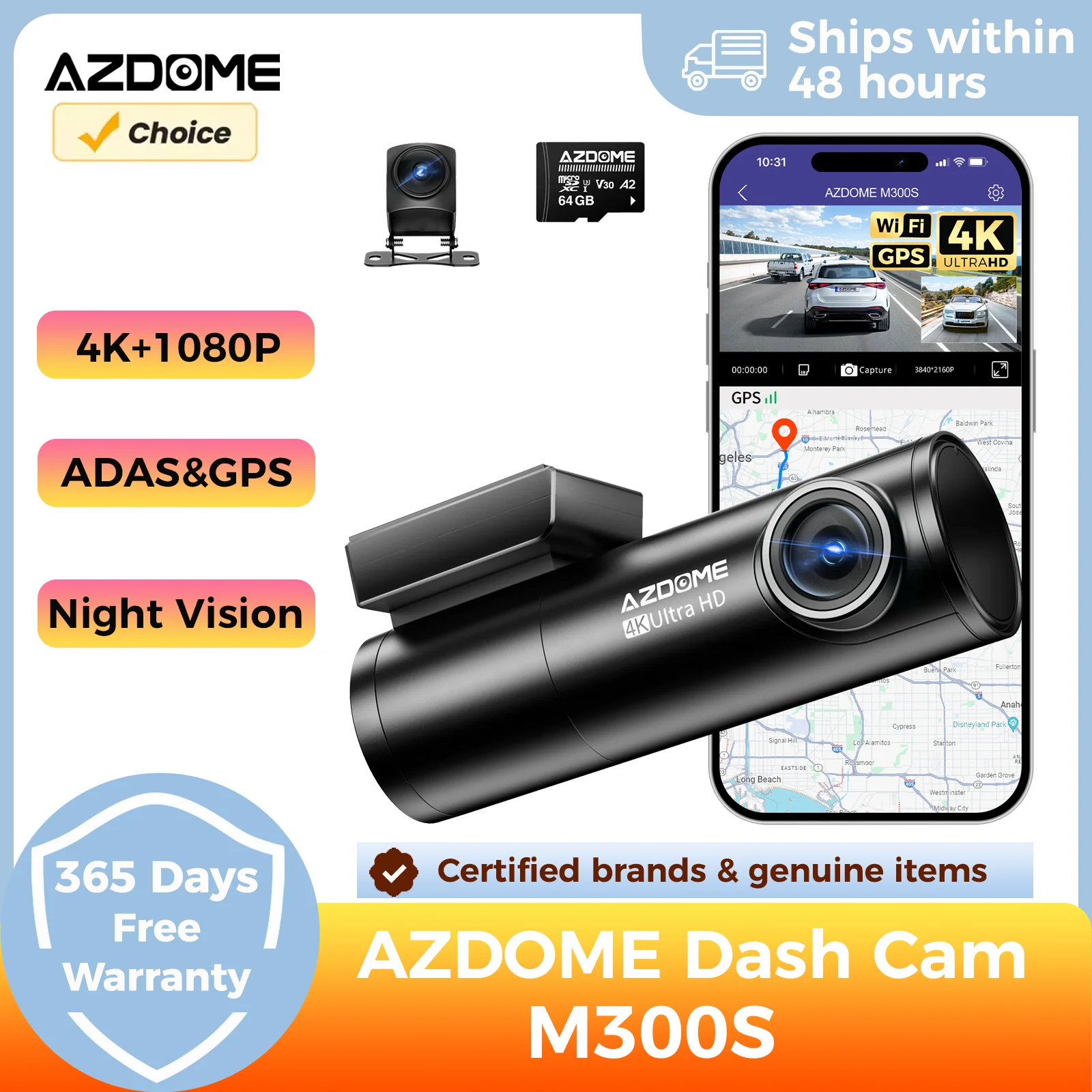 AZDOME Dash Cam M300S 4K+1080P Dual Dash Car Camera Built-in WiFi GPS ADAS Car DVR 24H Parking Mode Night Vision Black Box
