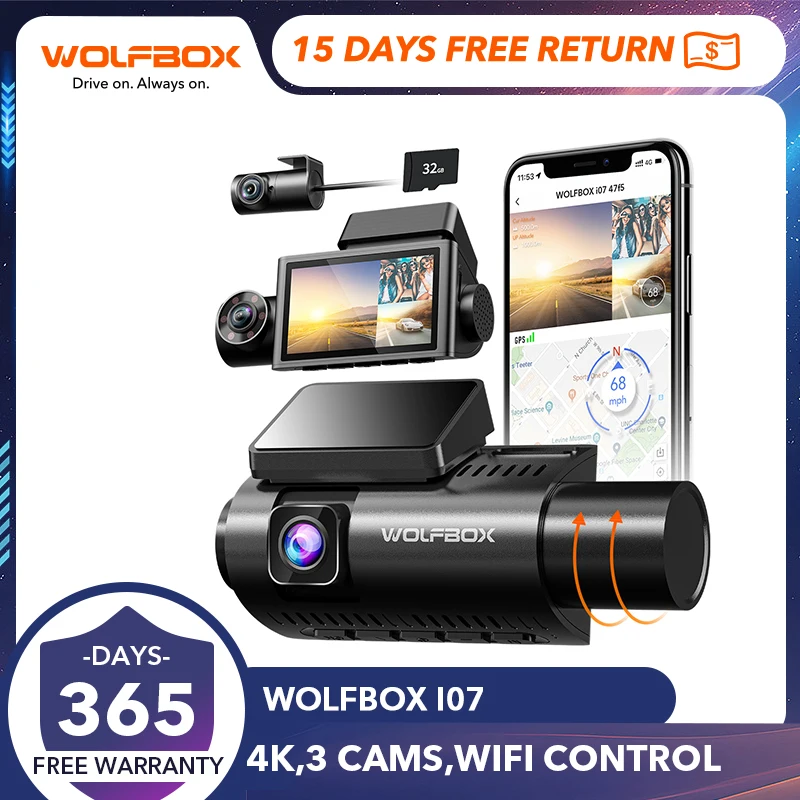WOLFBOX I07 Dash Cam 3 Channel Dash Camera for Car Front and Rear 4K Dash Camera with GPS WiFi Car Dvr for 170 FOV WDR