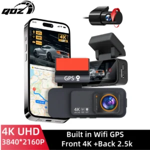 QOZ 4K Dash Cam Dual Lens Driving Recorder Car DVR 2.5K Rear Lens Camera Built-In WiFi GPS 24-Hour Parking Monitoring Black Box