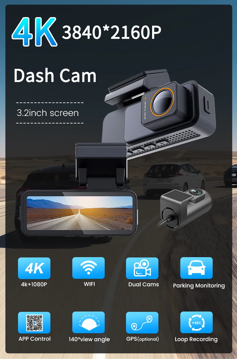 3.2Inch 4K Dash Cam Dual Lens Ultra HD Real Car DVR Camera WIFI GPS APP Rear View Night Vision WDR Video Recorder 24H Parking - Image 7
