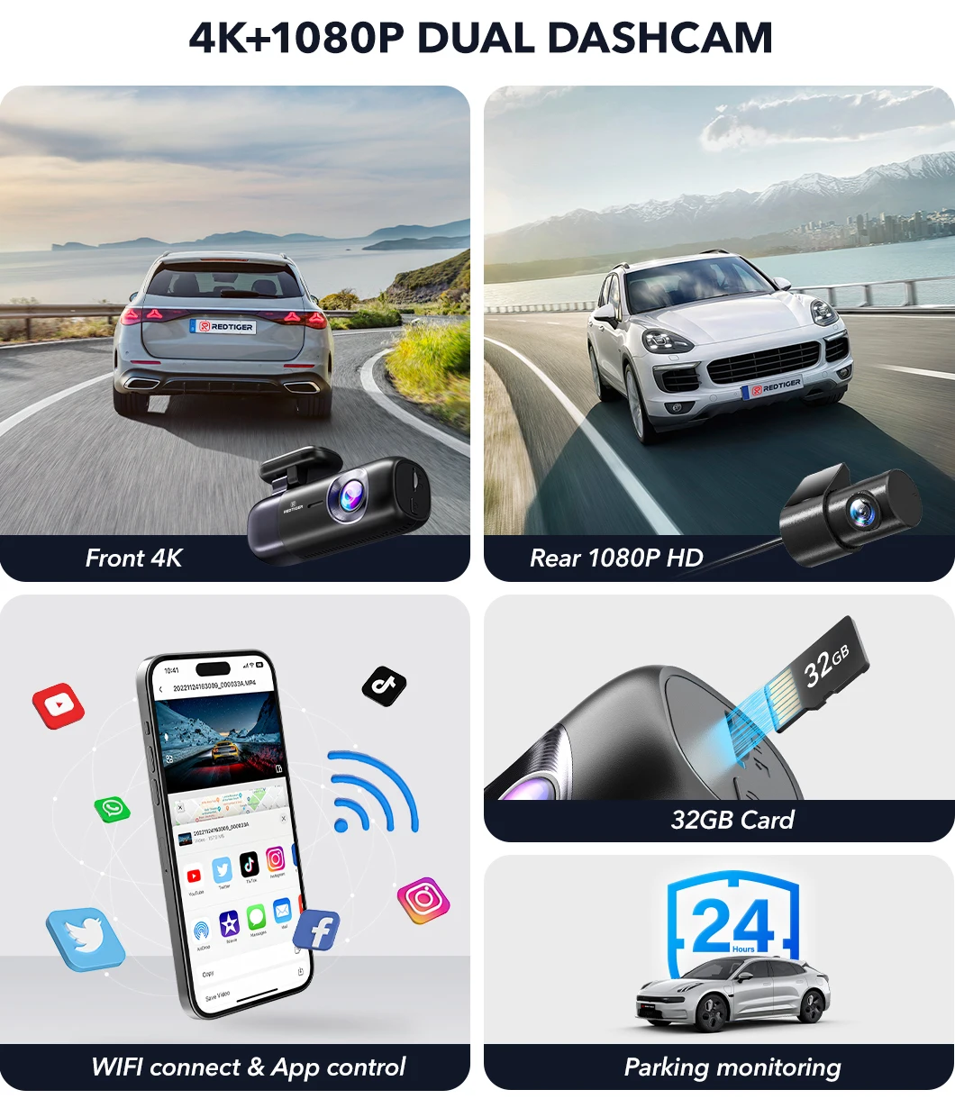REDTIGER F9 Dash Cam 4K Front and Rear WiFi GPS Car Camera for Parking Mode Car Dvr for Night Vision Car Recorder By App Control - Image 10