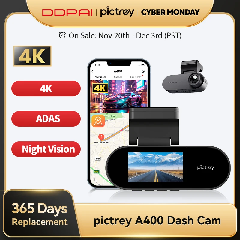 Pictrey A400 4K Dash Cam Built-in ADAS Wi-Fi Dash Car Camera with 1.9'' IPS Screen Support Parking Monito Night Vision Car DVR