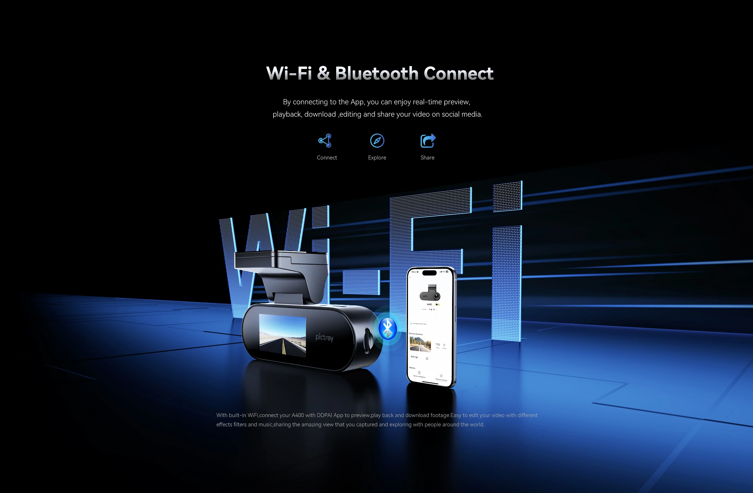 Pictrey A400 4K Dash Cam Built-in ADAS Wi-Fi Dash Car Camera with 1.9'' IPS Screen Support Parking Monito Night Vision Car DVR - Image 18