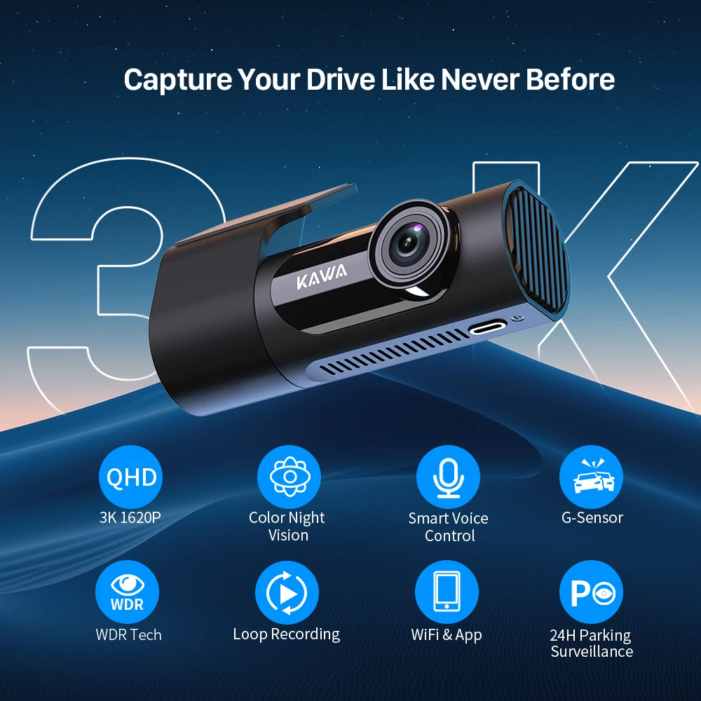 Dash cam KAWA D6 3K Video Recorder Car Dash Camera for AUTO, Car DVR Voice Control,Night Vision Dashcam 2025 New - Image 2