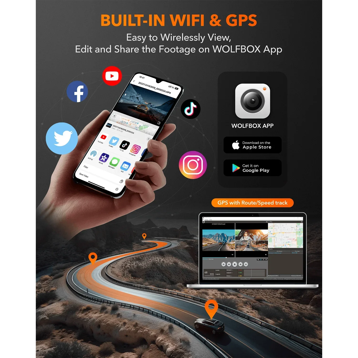 WOLFBOX I07 Dash Cam 3 Channel Dash Camera for Car Front and Rear 4K Dash Camera with GPS WiFi Car Dvr for 170 FOV WDR - Image 6