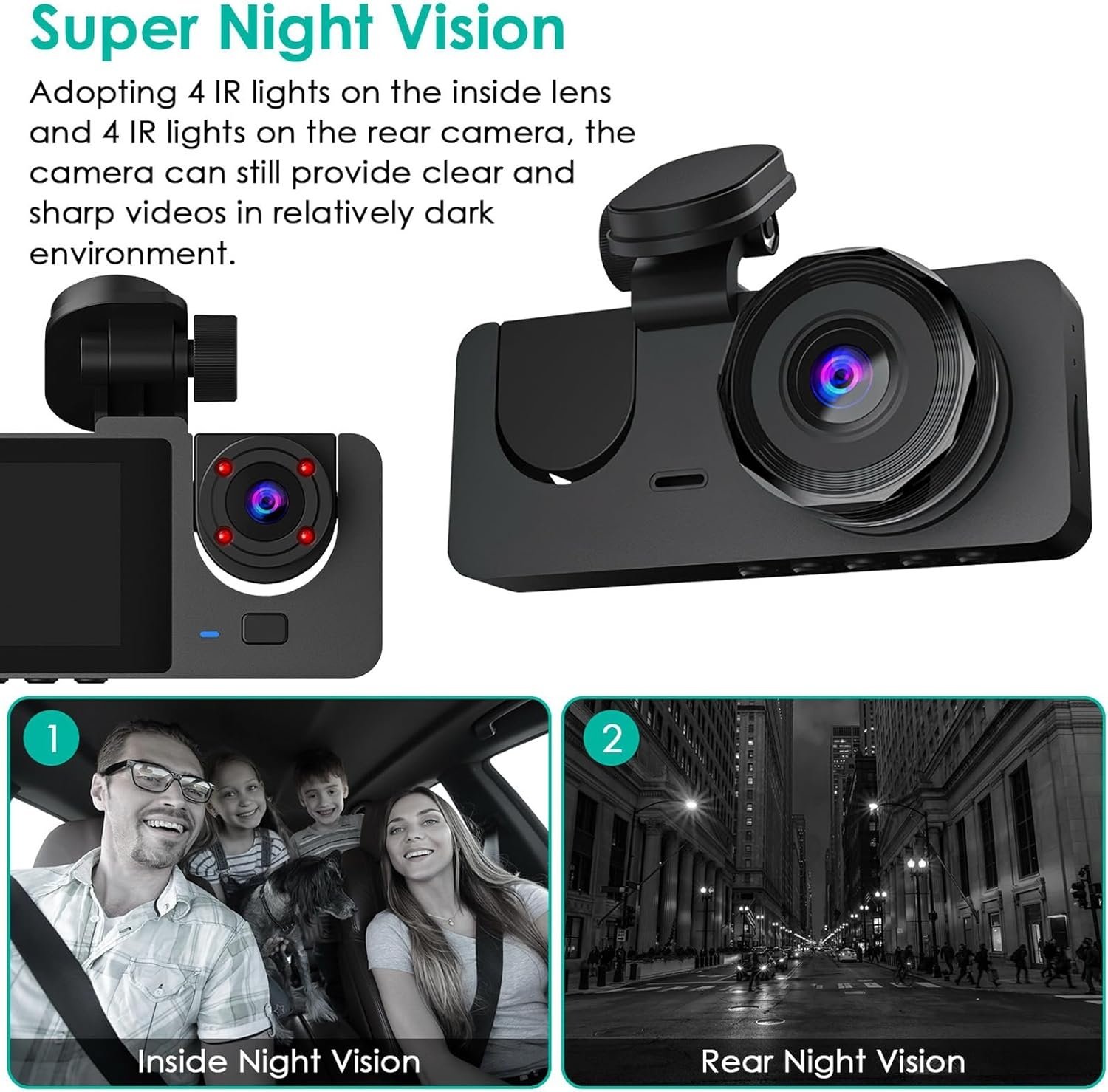 3 Channel Dash Cam, 1080P Dash Cam Front And Rear Inside, Three Way Dash Camera For Cars, Car Camera With 32GB Card, 24H Parking Mode, Loop Recording, Super Night Vision - Image 2