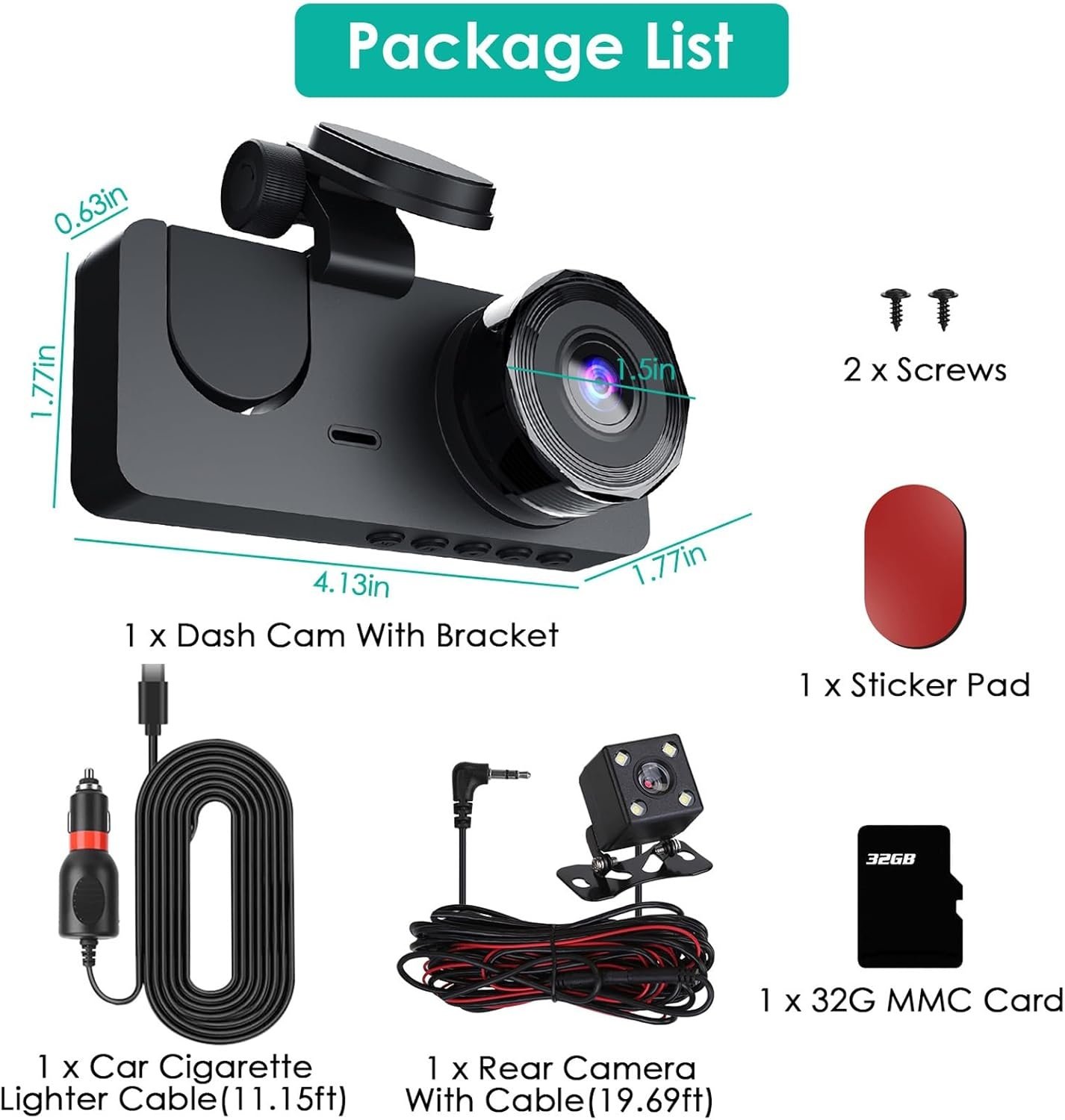3 Channel Dash Cam, 1080P Dash Cam Front And Rear Inside, Three Way Dash Camera For Cars, Car Camera With 32GB Card, 24H Parking Mode, Loop Recording, Super Night Vision - Image 4