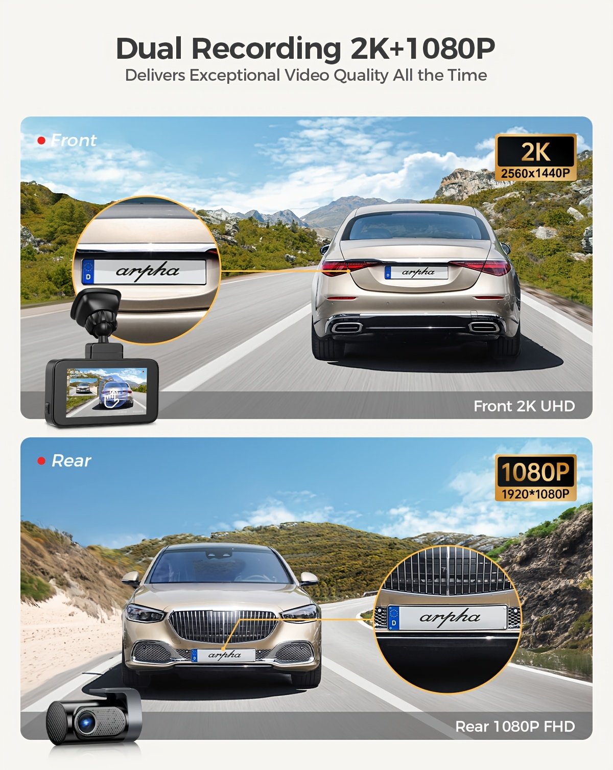 1pc Arpha Dual Dash Cam with 64GB Card, 2K Front & 1080P Rear, 3" Touch Screen, Loop Recording, Built-in WiFi & GPS, G-Sensor, Parking Mode, WDR Night Vision, Adhesive Mount, Touch Control, 12-24V, 30FPS, Smartphone Compatible, Driver Side Orientation - Image 12