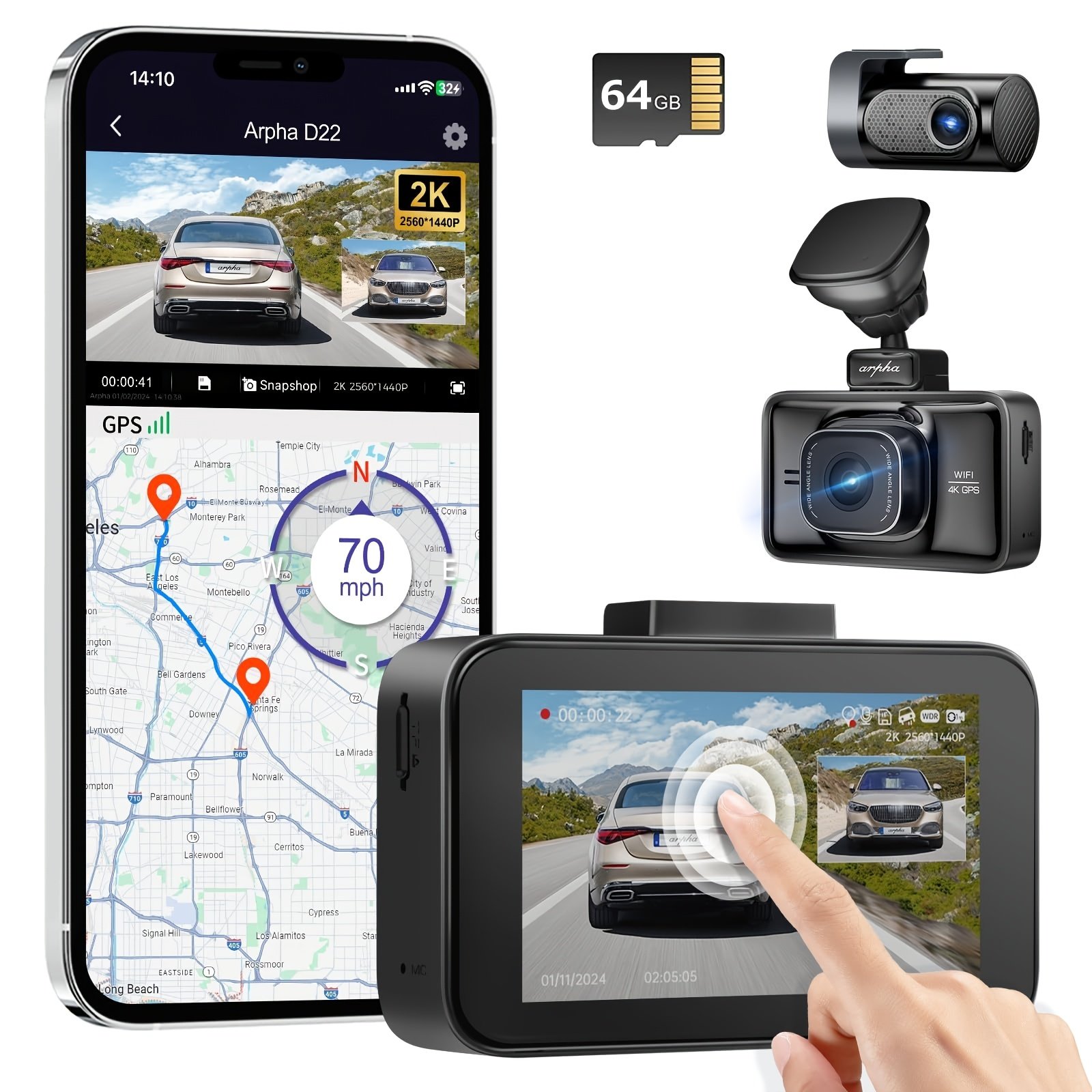 1pc Arpha Dual Dash Cam with 64GB Card, 2K Front & 1080P Rear, 3" Touch Screen, Loop Recording, Built-in WiFi & GPS, G-Sensor, Parking Mode, WDR Night Vision, Adhesive Mount, Touch Control, 12-24V, 30FPS, Smartphone Compatible, Driver Side Orientation - Image 4