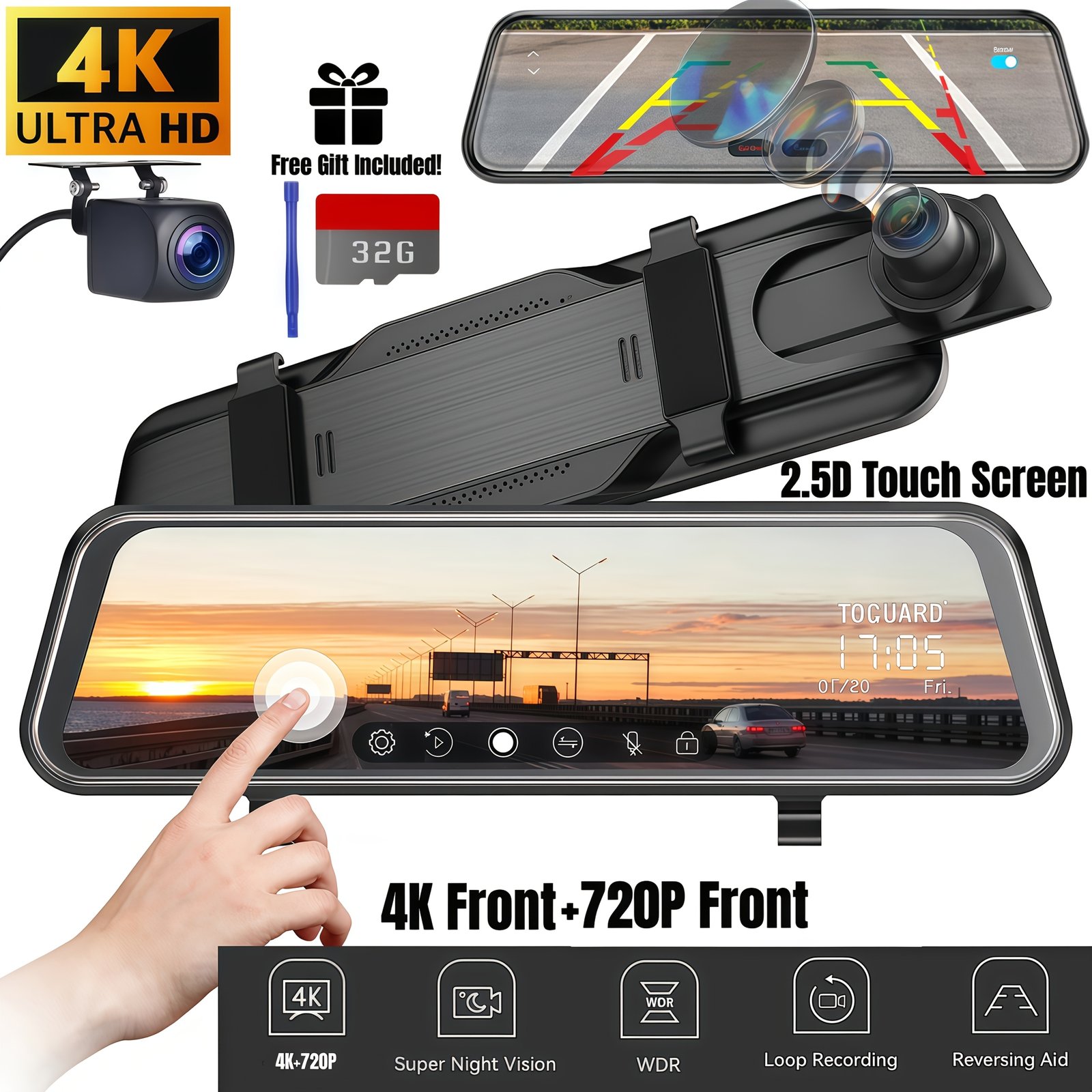 Dash Camera for Cars, 10'' Rear View Mirror Camera Mirror Dash Cam, 4K Front And 720P Rear Backup Camera, Full Touch Screen, Loop Recording, Night Vision, 170° Wide Angle, Includes 32G Card, Easy to Install, Black Friday & Halloween Perfect Gifts - Image 6