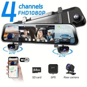 Dash Cam with 4 Channels for Front, Rear, And Inside Mirror with A Quad FHD 1920*1080P Dash Cam 11.66" Touch Screen GPS Dash Camera - On-Dash with WiFi, Recording, Night Vision, Loop Recording, Multi-function Rearview Mirror And Free 64G SD Card