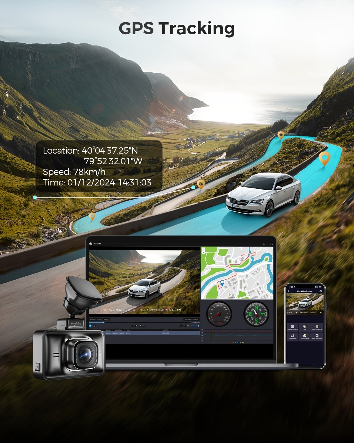 1pc Arpha Dual Dash Cam with 64GB Card, 2K Front & 1080P Rear, 3" Touch Screen, Loop Recording, Built-in WiFi & GPS, G-Sensor, Parking Mode, WDR Night Vision, Adhesive Mount, Touch Control, 12-24V, 30FPS, Smartphone Compatible, Driver Side Orientation - Image 11