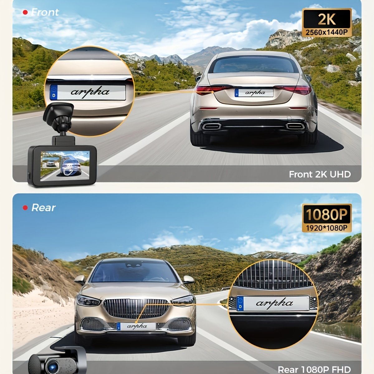 1pc Arpha Dual Dash Cam with 64GB Card, 2K Front & 1080P Rear, 3" Touch Screen, Loop Recording, Built-in WiFi & GPS, G-Sensor, Parking Mode, WDR Night Vision, Adhesive Mount, Touch Control, 12-24V, 30FPS, Smartphone Compatible, Driver Side Orientation - Image 6