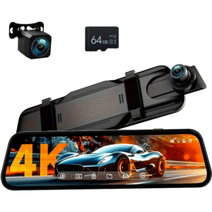 9.66 Inch 4K Mirror Dash Cam, Rear View Mirror Camera with 1080P Rear Camera, 24H Parking Mode, Night Vision, Loop Recording, Free 64GB Card
