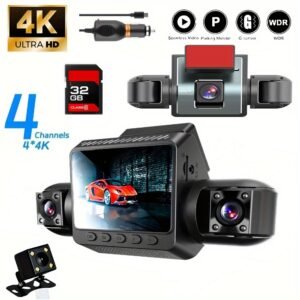 4-Channel 4K Night Vision Car Dash Cam with 360° Rotatable LCD Screen, Front/Rear/Channel 4 Cameras, Parking Monitor, G-Sensor, Motion Detection, 24H Parking Recording, Supports 32GB SD Card, Dash Camera for Cars, Vehicle Security System, Modern Vehicle A