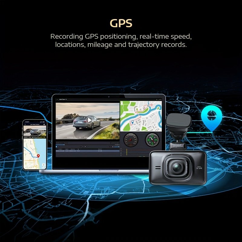 1pc Arpha Dual Dash Cam with 64GB Card, 2K Front & 1080P Rear, 3" Touch Screen, Loop Recording, Built-in WiFi & GPS, G-Sensor, Parking Mode, WDR Night Vision, Adhesive Mount, Touch Control, 12-24V, 30FPS, Smartphone Compatible, Driver Side Orientation - Image 2