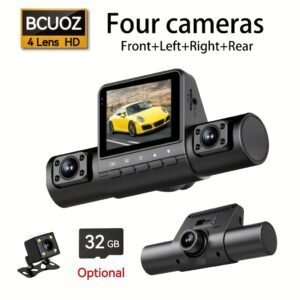 1pc BCUOZ 4-Lens HD Dash Cam, Full Car DVR Recorder with 2" LCD Display, Night Vision, Loop Recording, Motion Detection, Driver Side Auto Orientation, 5V Plug-in, Push Button Control, 1080p Video, 150mAh Rechargeable Battery, Optional 32GB Storage