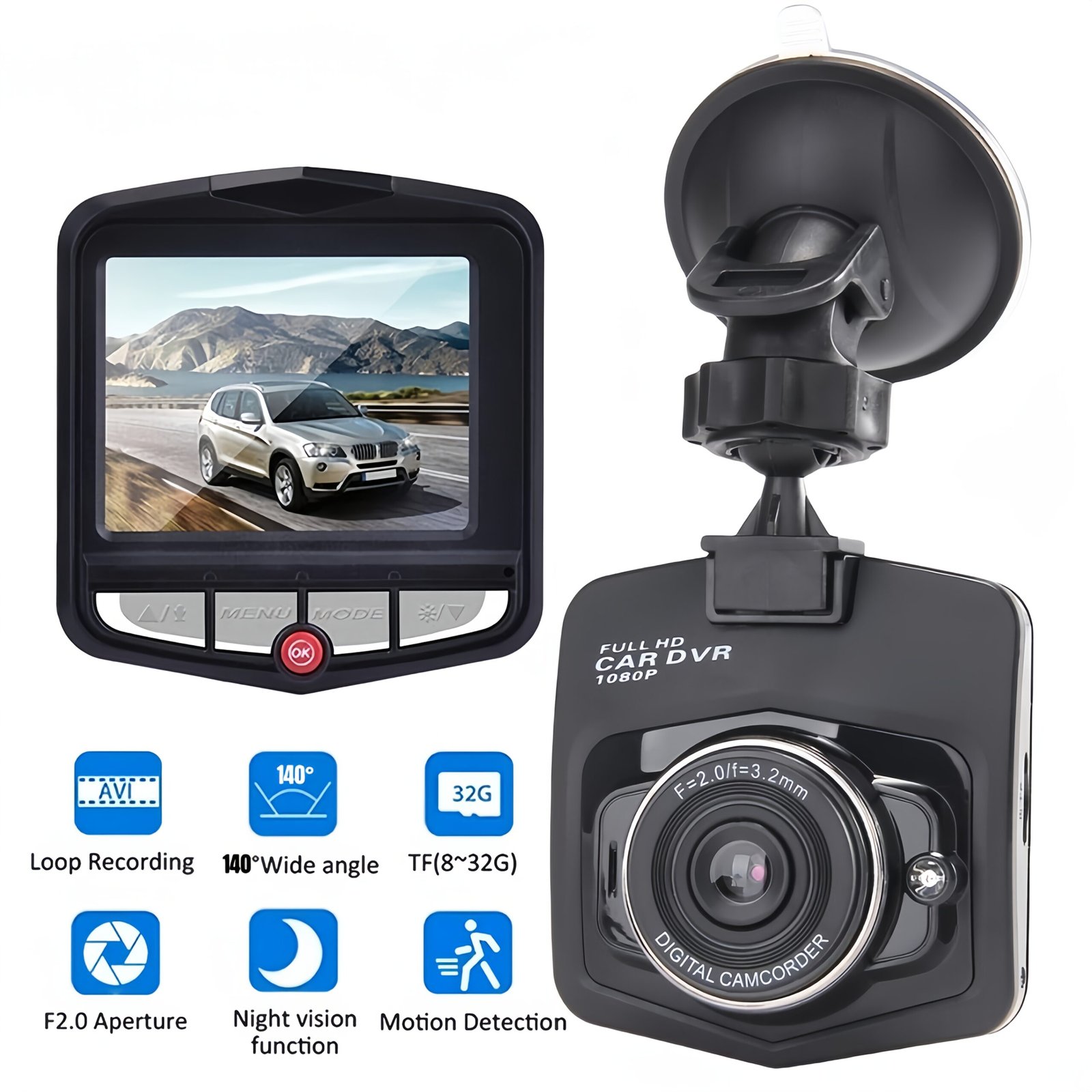 Full 1080P Wide Angle Dash Cam - Driving Recorder Car DVR with Night Vision, Gravity Sensor, Loop Recording, Motion Detection - Easy Install Suction Cup Mount, Without Memory Card - Black - Image 3