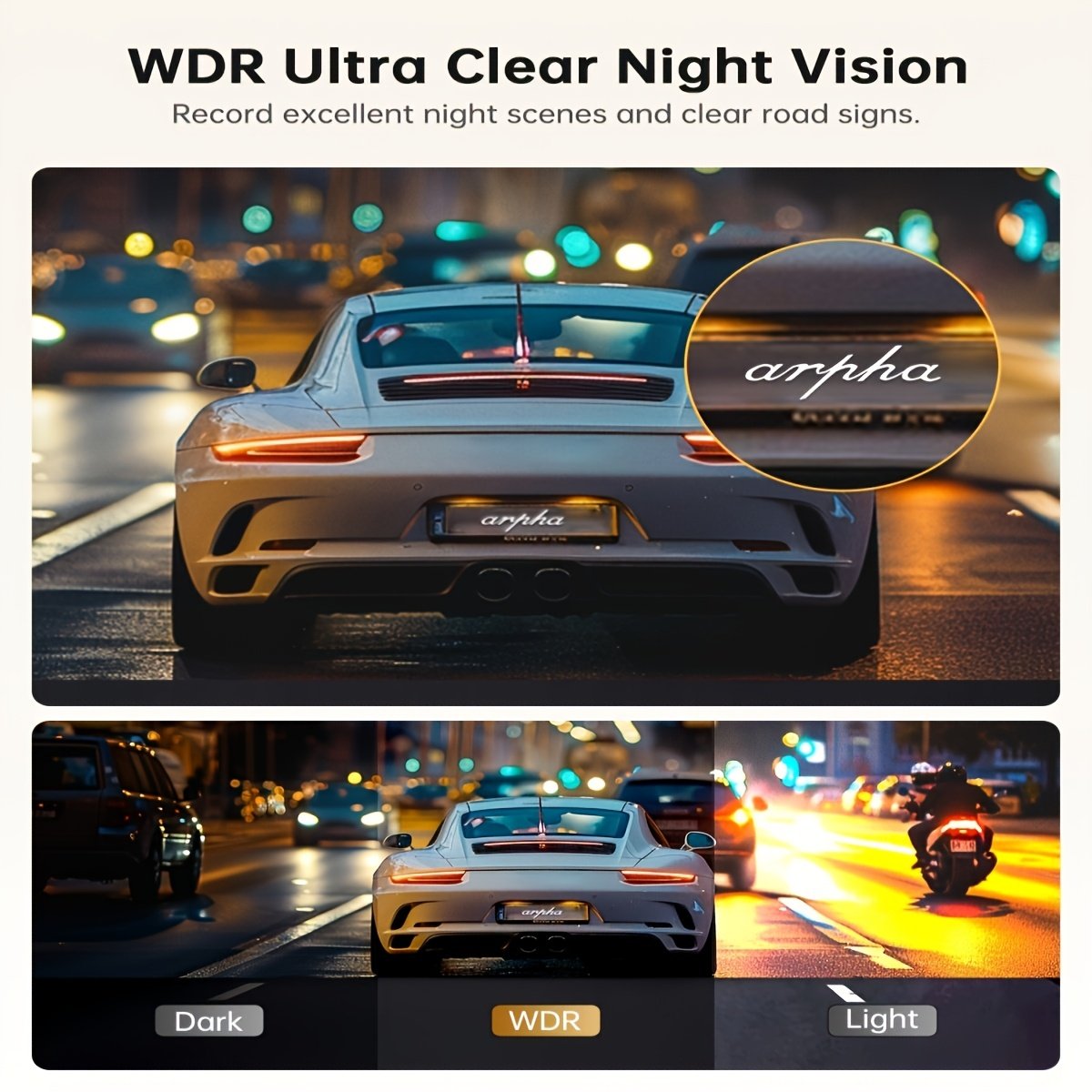 1pc Arpha Dual Dash Cam with 64GB Card, 2K Front & 1080P Rear, 3" Touch Screen, Loop Recording, Built-in WiFi & GPS, G-Sensor, Parking Mode, WDR Night Vision, Adhesive Mount, Touch Control, 12-24V, 30FPS, Smartphone Compatible, Driver Side Orientation - Image 3