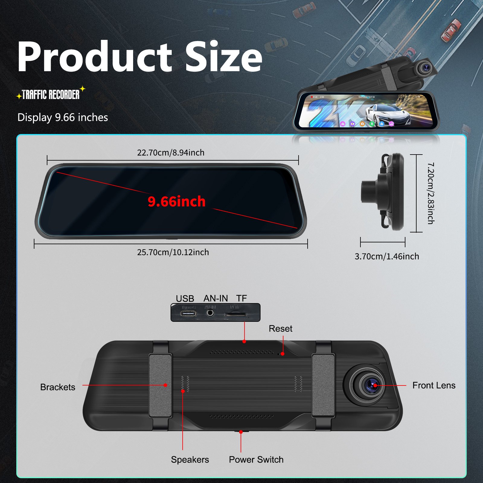 9.66 Inch 4K Mirror Dash Cam, Rear View Mirror Camera with 1080P Rear Camera, 24H Parking Mode, Night Vision, Loop Recording, Free 64GB Card - Image 4