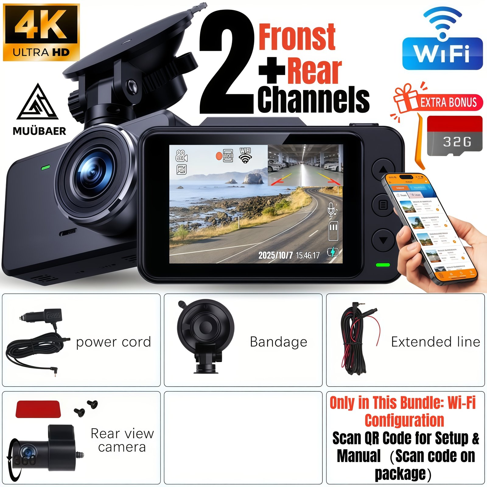 Dash Camera for Cars, 10'' Rear View Mirror Camera Mirror Dash Cam, 4K Front And 720P Rear Backup Camera, Full Touch Screen, Loop Recording, Night Vision, 170° Wide Angle, Includes 32G Card, Easy to Install, Black Friday & Halloween Perfect Gifts - Image 8