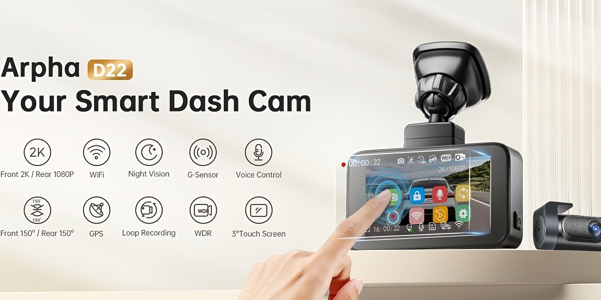 1pc Arpha Dual Dash Cam with 64GB Card, 2K Front & 1080P Rear, 3" Touch Screen, Loop Recording, Built-in WiFi & GPS, G-Sensor, Parking Mode, WDR Night Vision, Adhesive Mount, Touch Control, 12-24V, 30FPS, Smartphone Compatible, Driver Side Orientation - Image 9