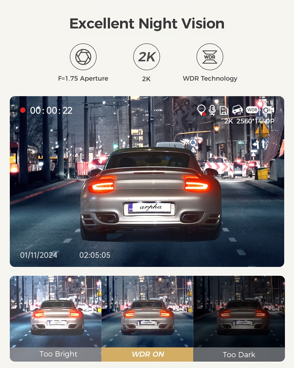1pc Arpha Dual Dash Cam with 64GB Card, 2K Front & 1080P Rear, 3" Touch Screen, Loop Recording, Built-in WiFi & GPS, G-Sensor, Parking Mode, WDR Night Vision, Adhesive Mount, Touch Control, 12-24V, 30FPS, Smartphone Compatible, Driver Side Orientation - Image 13