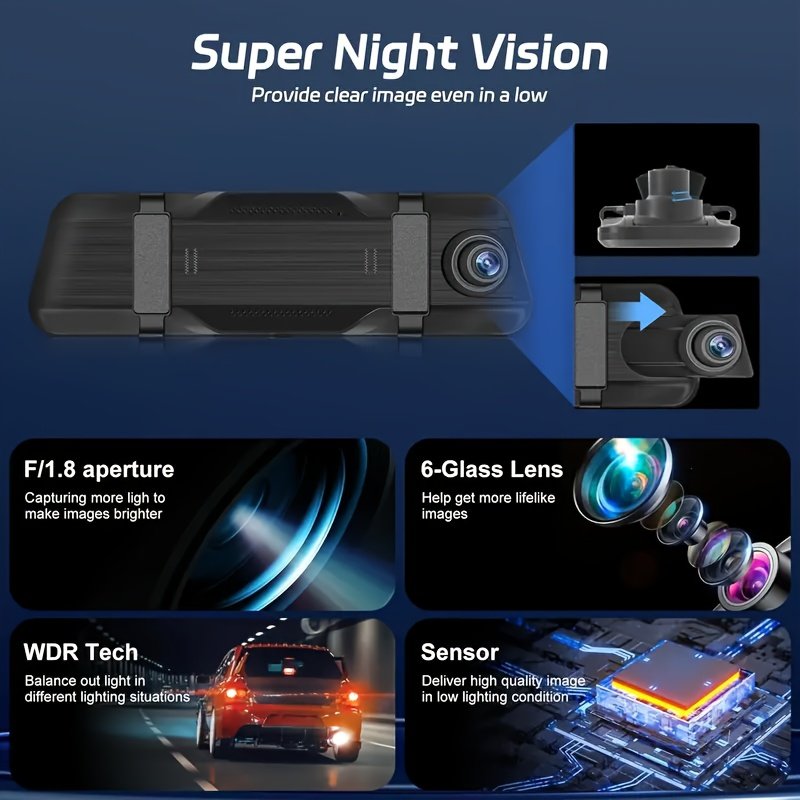 Dash Camera for Cars, 10'' Rear View Mirror Camera Mirror Dash Cam, 4K Front And 720P Rear Backup Camera, Full Touch Screen, Loop Recording, Night Vision, 170° Wide Angle, Includes 32G Card, Easy to Install, Black Friday & Halloween Perfect Gifts - Image 7