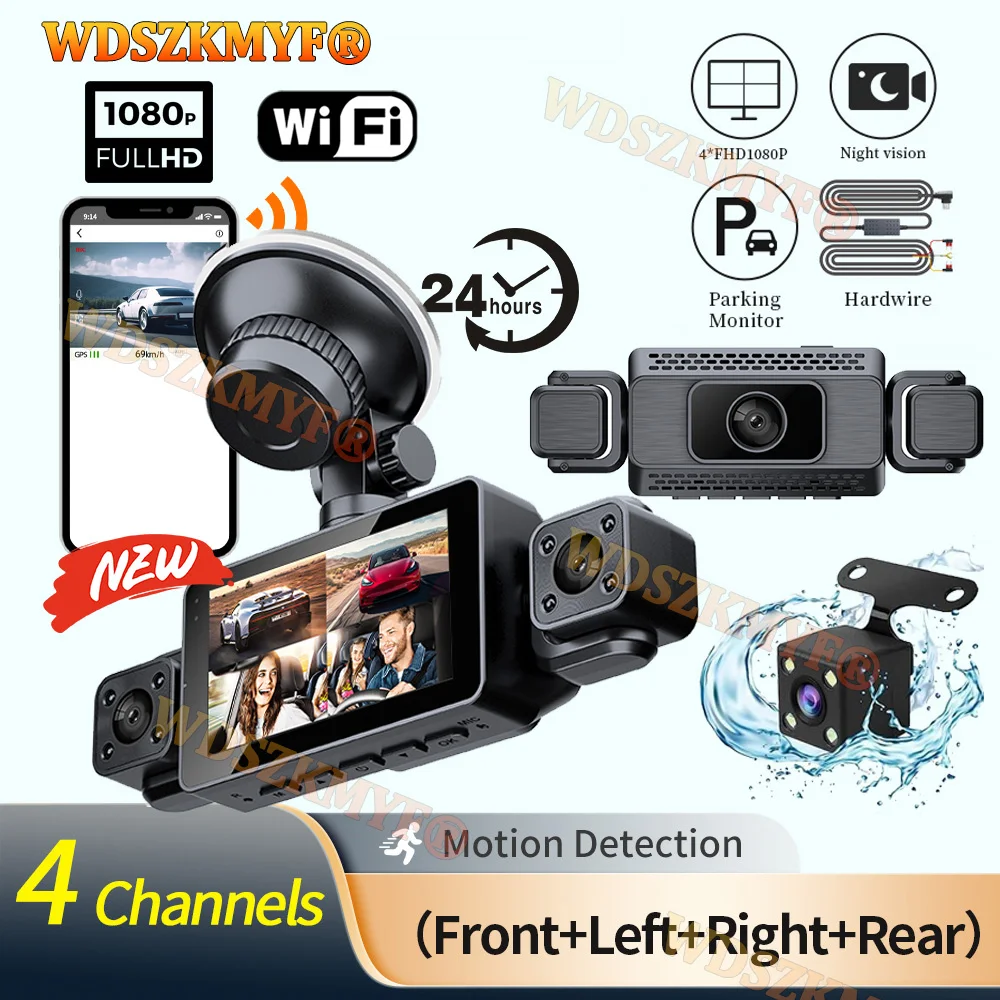 WIFI 360° DashCam 3/4 Channels Video Recorder 1080P Car DVR 24H Parking Monitor Front Right Rear View Night Vision Black Box