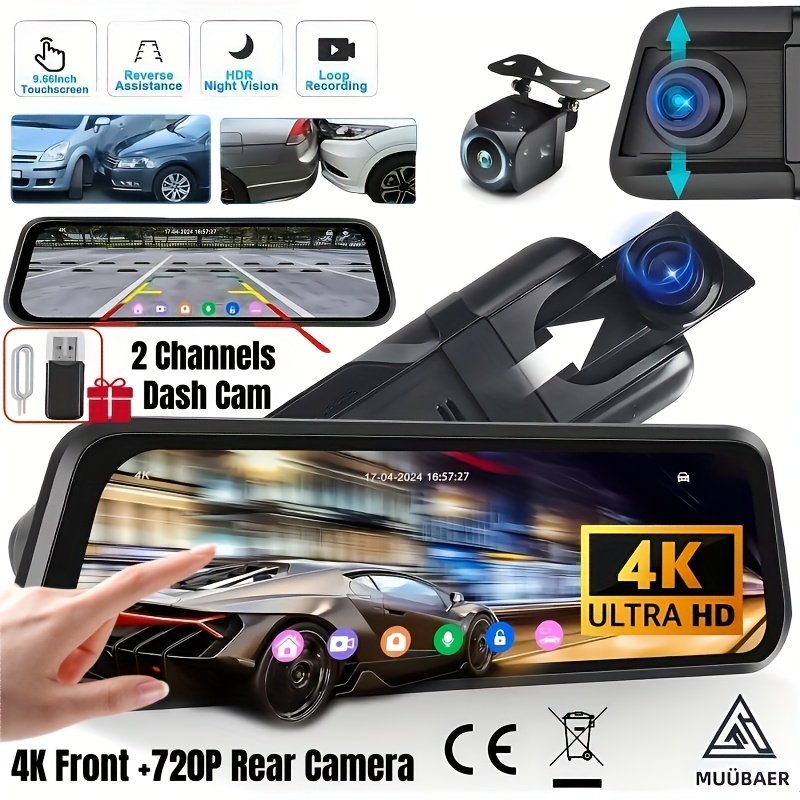 Dash Camera for Cars, 10'' Rear View Mirror Camera Mirror Dash Cam, 4K Front And 720P Rear Backup Camera, Full Touch Screen, Loop Recording, Night Vision, 170° Wide Angle, Includes 32G Card, Easy to Install, Black Friday & Halloween Perfect Gifts