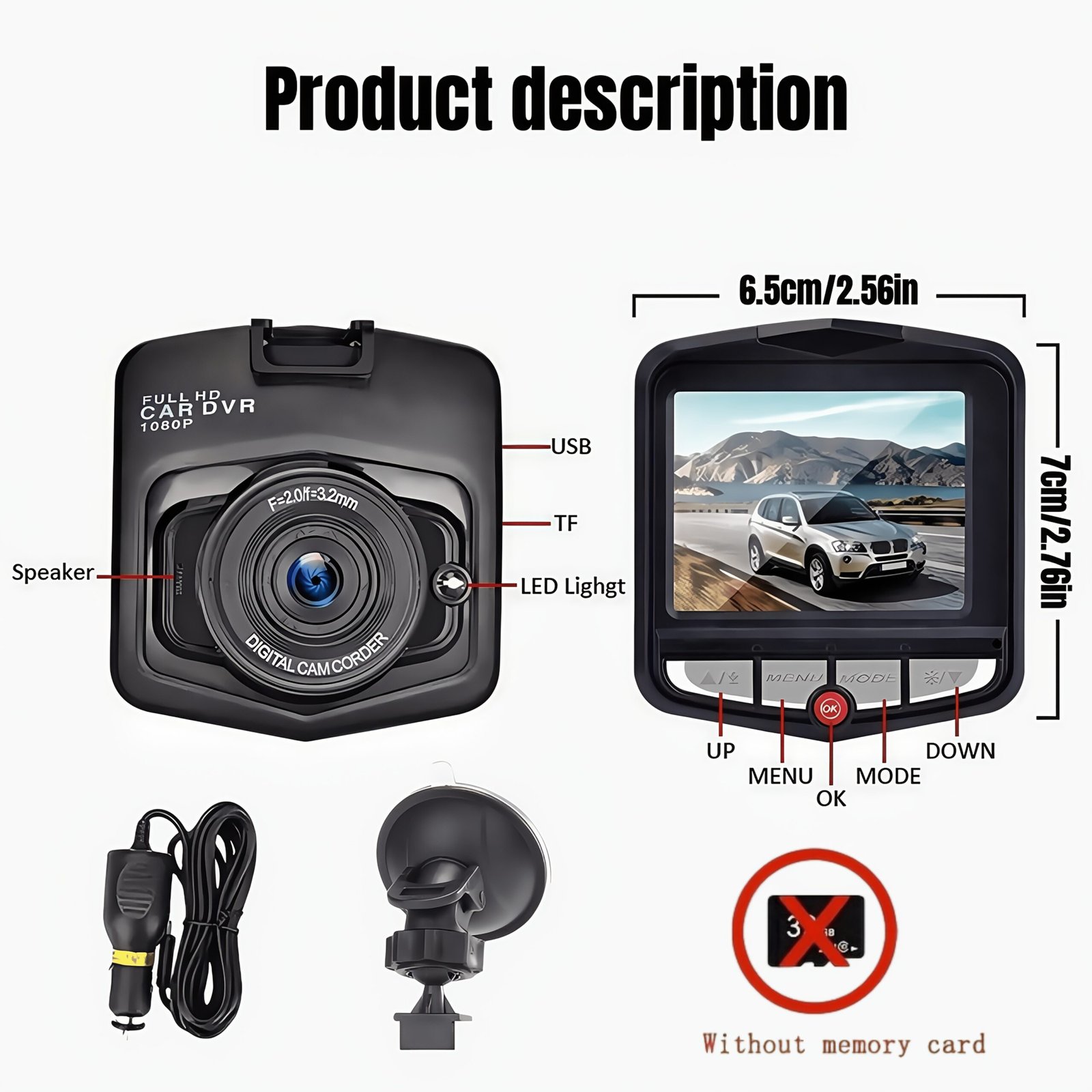 Full 1080P Wide Angle Dash Cam - Driving Recorder Car DVR with Night Vision, Gravity Sensor, Loop Recording, Motion Detection - Easy Install Suction Cup Mount, Without Memory Card - Black - Image 2