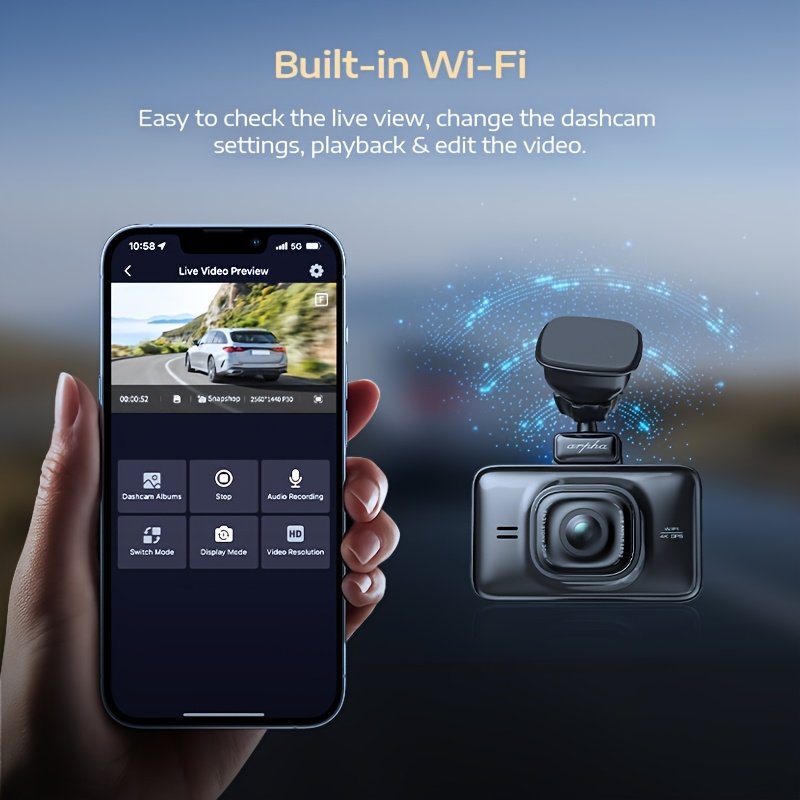 1pc Arpha Dual Dash Cam with 64GB Card, 2K Front & 1080P Rear, 3" Touch Screen, Loop Recording, Built-in WiFi & GPS, G-Sensor, Parking Mode, WDR Night Vision, Adhesive Mount, Touch Control, 12-24V, 30FPS, Smartphone Compatible, Driver Side Orientation - Image 8