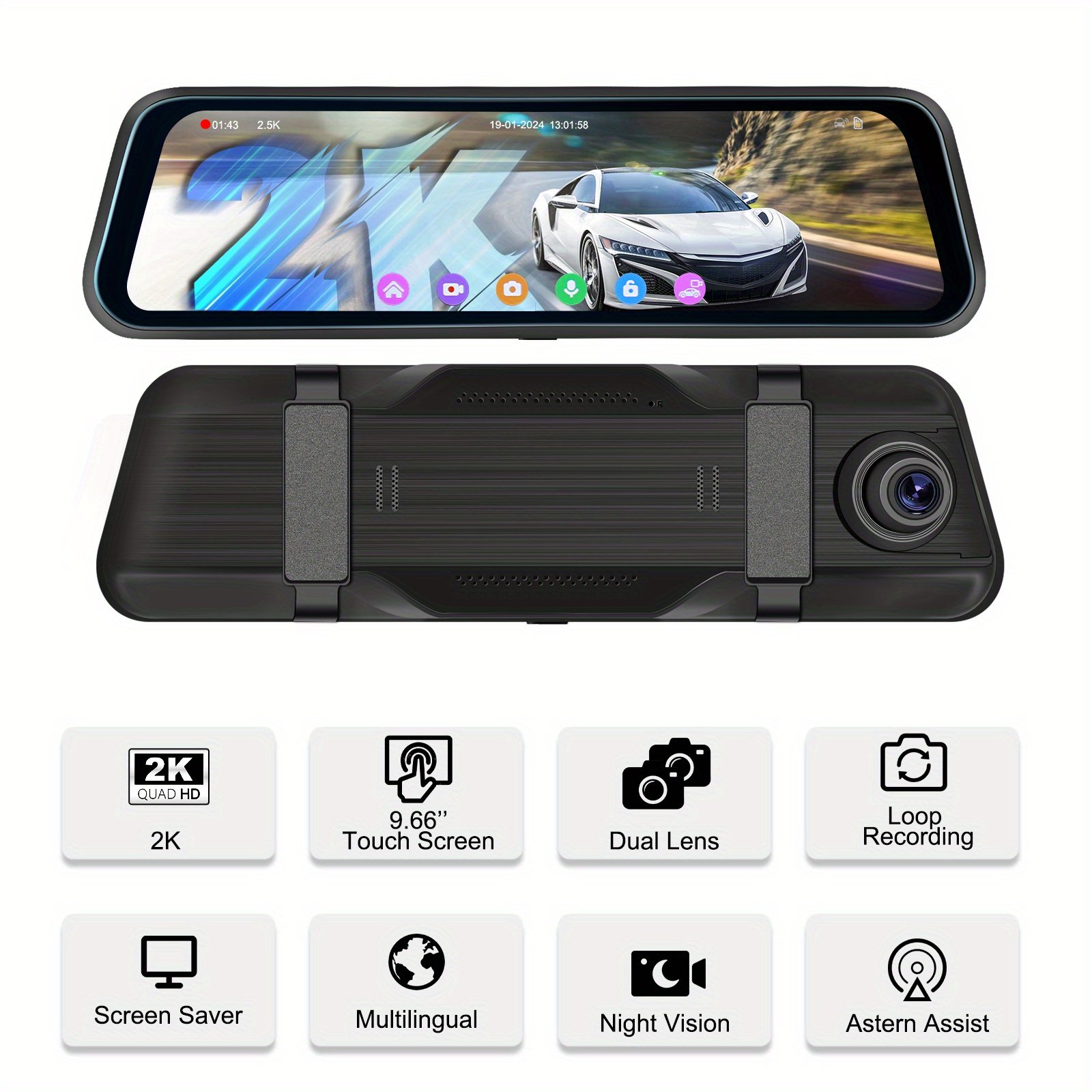 9.66 Inch 4K Mirror Dash Cam, Rear View Mirror Camera with 1080P Rear Camera, 24H Parking Mode, Night Vision, Loop Recording, Free 64GB Card - Image 3