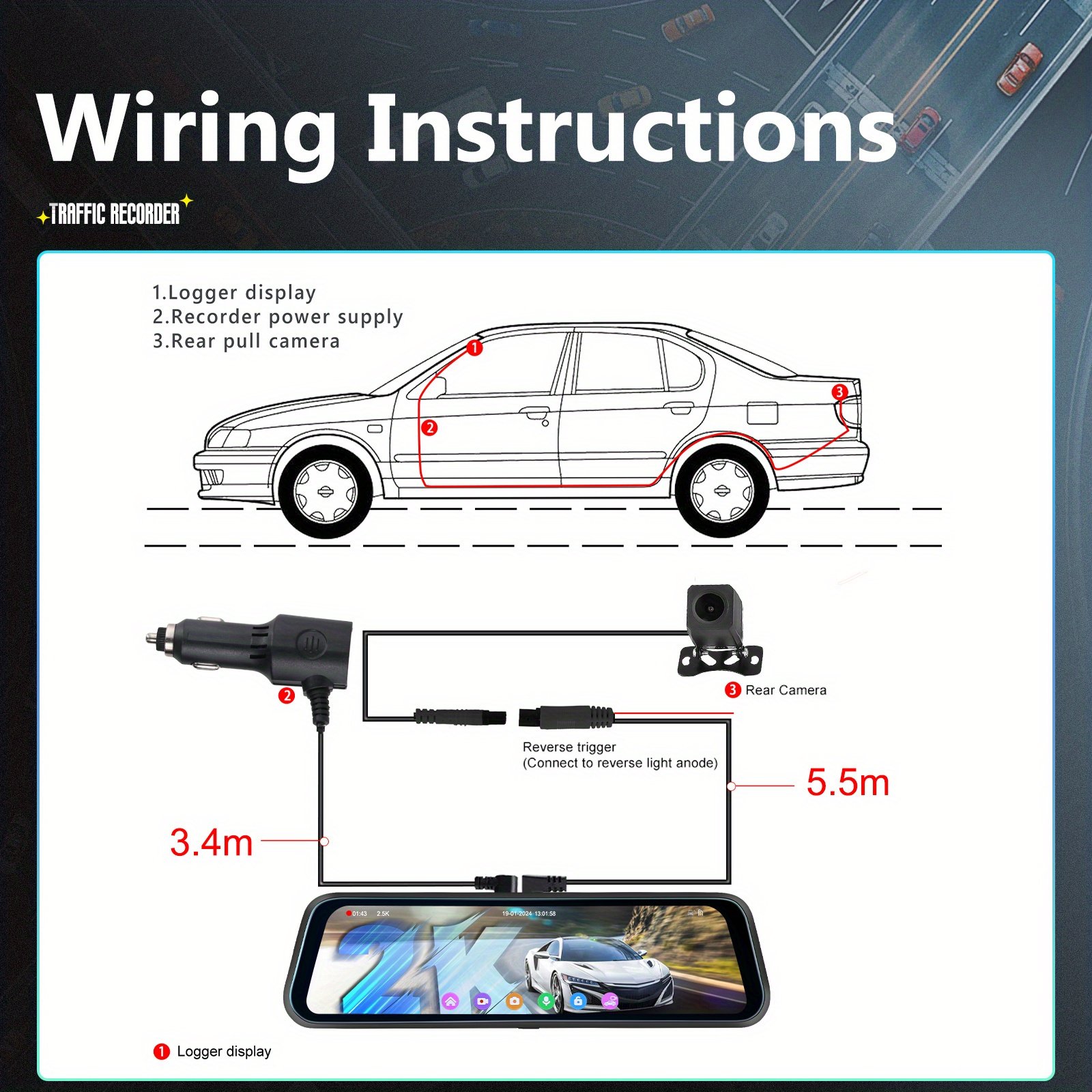 9.66 Inch 4K Mirror Dash Cam, Rear View Mirror Camera with 1080P Rear Camera, 24H Parking Mode, Night Vision, Loop Recording, Free 64GB Card - Image 5