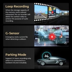 1pc Arpha Dual Dash Cam with 64GB Card, 2K Front & 1080P Rear, 3" Touch Screen, Loop Recording, Built-in WiFi & GPS, G-Sensor, Parking Mode, WDR Night Vision, Adhesive Mount, Touch Control, 12-24V, 30FPS, Smartphone Compatible, Driver Side Orientation