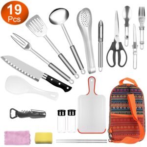 19Pcs Camping Cooking Utensil Kit Portable Picnic Cookware Outdoor Kitchen Equipment Gear Campfire Barbecue Appliances With Storage Bag