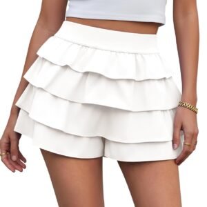 Fisoew Womens Summer Mini Skirts Casual Ruffle Tiered High Waisted Y2K Skorts Yoga Tennis Skirt Built-in Shorts & Pockets